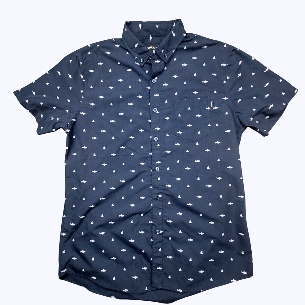Molokai Surf Co Mens Large Navy Blue Shark Print Short Sleeve Button Down Shirt
